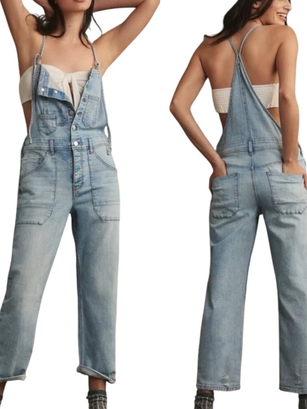 Anthropologie Pilcro Painter Denim Overalls Light Wash Distressed Boho Medium